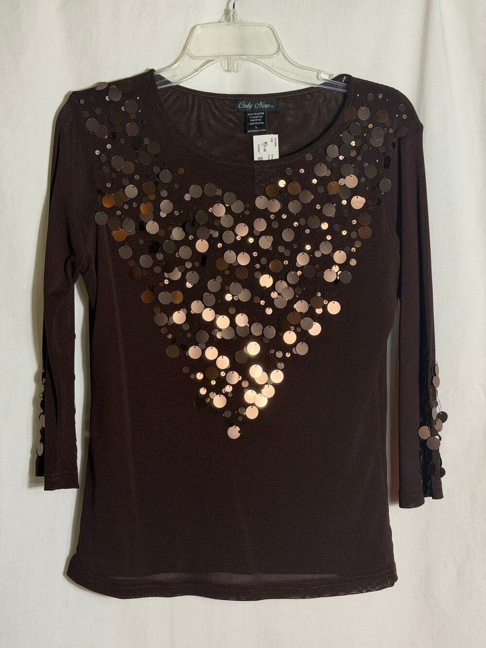 Only Nine Brown Sequin Mesh Top Women's Large 3/4 Sleeve Y2K NWT
